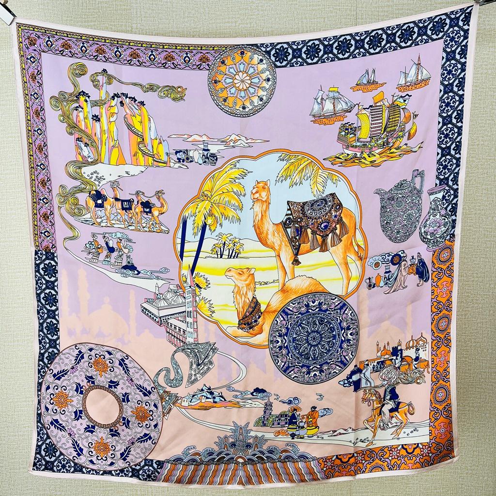 Guochao Chinese Landscape Painting Lotus Flower Versatile 100 Mulberry Silk Square Scarf Thin Shawl Women'S Silk Scarf Silk Scarf