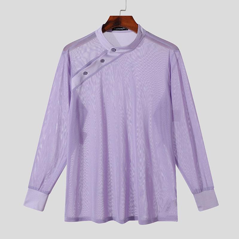 INCERUN Men Mockneck Long Sleeve Mesh Tops Party Button Down Fishnet Shirts