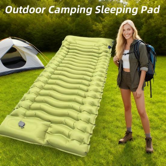 Inflatable Sleeping Pad Built-in Foot Pump Pillow Lightweight Thicken Portable Single Person Outdoor Travel Camping Hiking Air Mattress Sleeping Mat