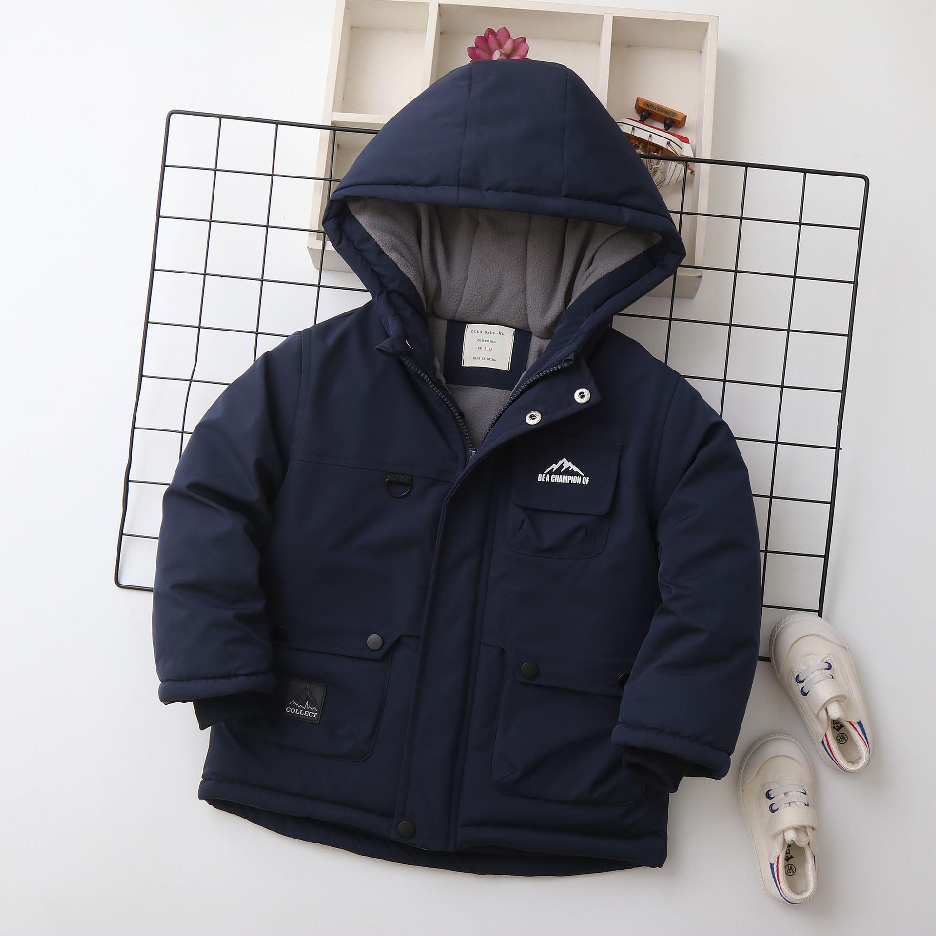 

Boys new cold and windproof lightweight thickened fluffy warm loose high-quality fabric casual sports cotton clothing 160Cm Темно-синій