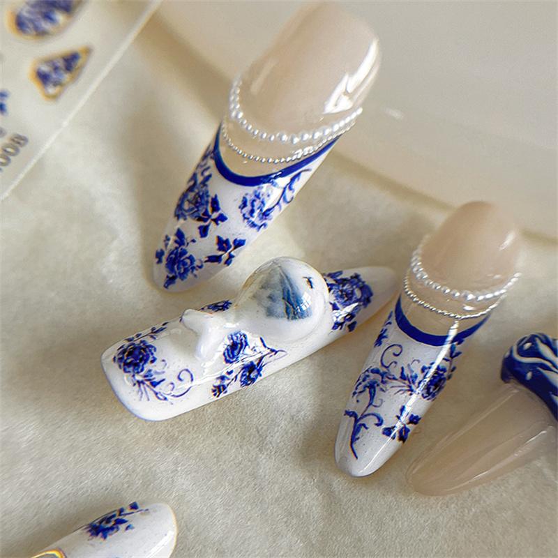 Chinese Style Blue And White Porcelain Nail Sticker Midnight Blue Floral Ceramic Nail Art Decal Slef Adhesive Diy Manicure Salon