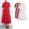 Summer Women's Cotton Bows Belt Lapel Short Sleeve Poplin Dress 2640360 2640654