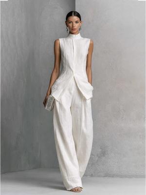 Cotton Linen Shirt Set Women's Summer Sleeveless Long Pants Outfit