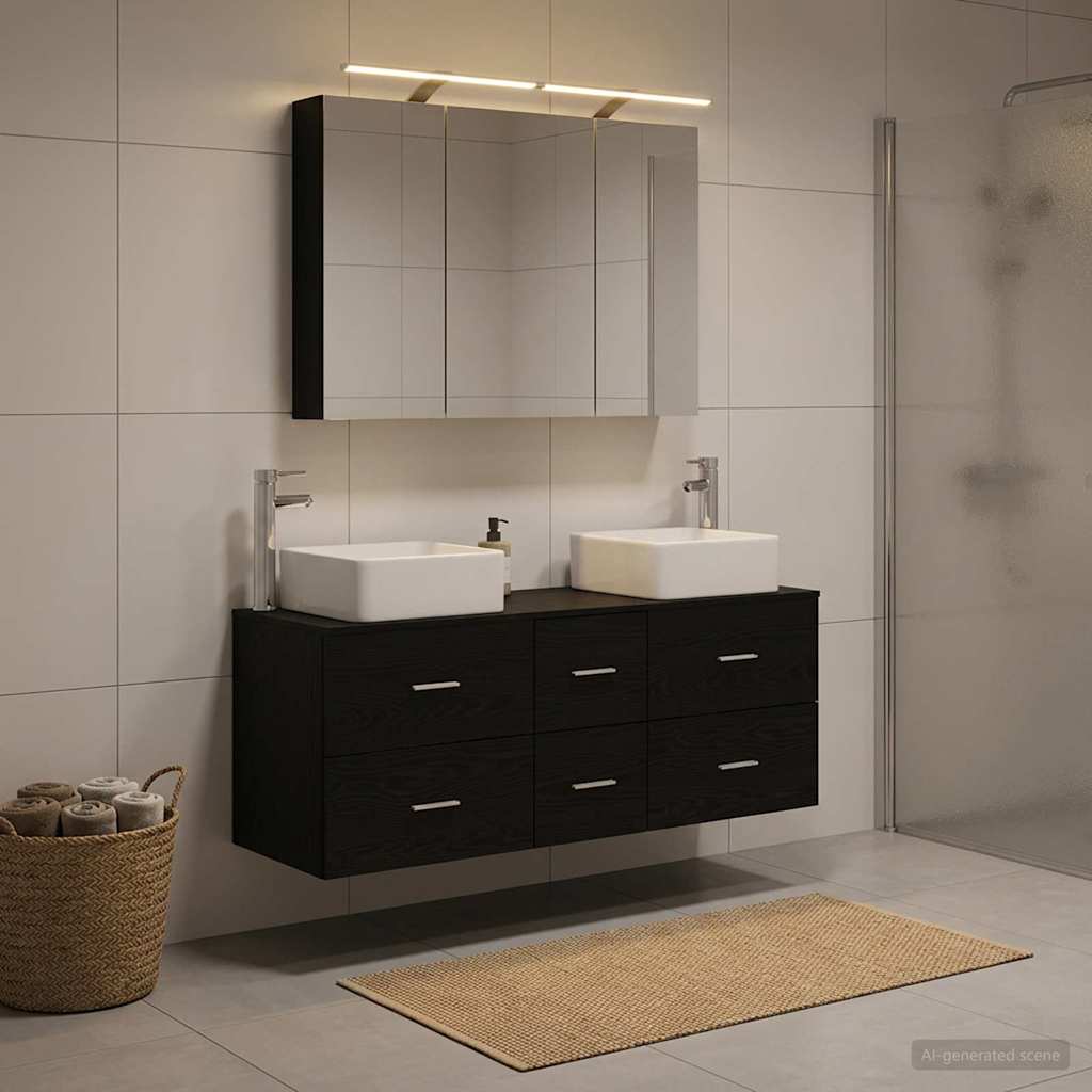 Bathroom Furniture Set 4 Pcs Black Oak Engineered Wood and Glass