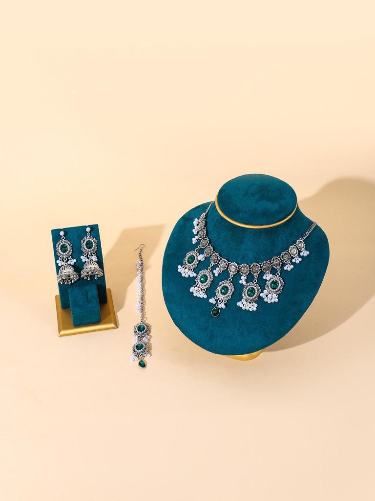 Indian Style Rhinestone Gemstone Three-Piece Set: Oval Necklace, Earrings & Headwear