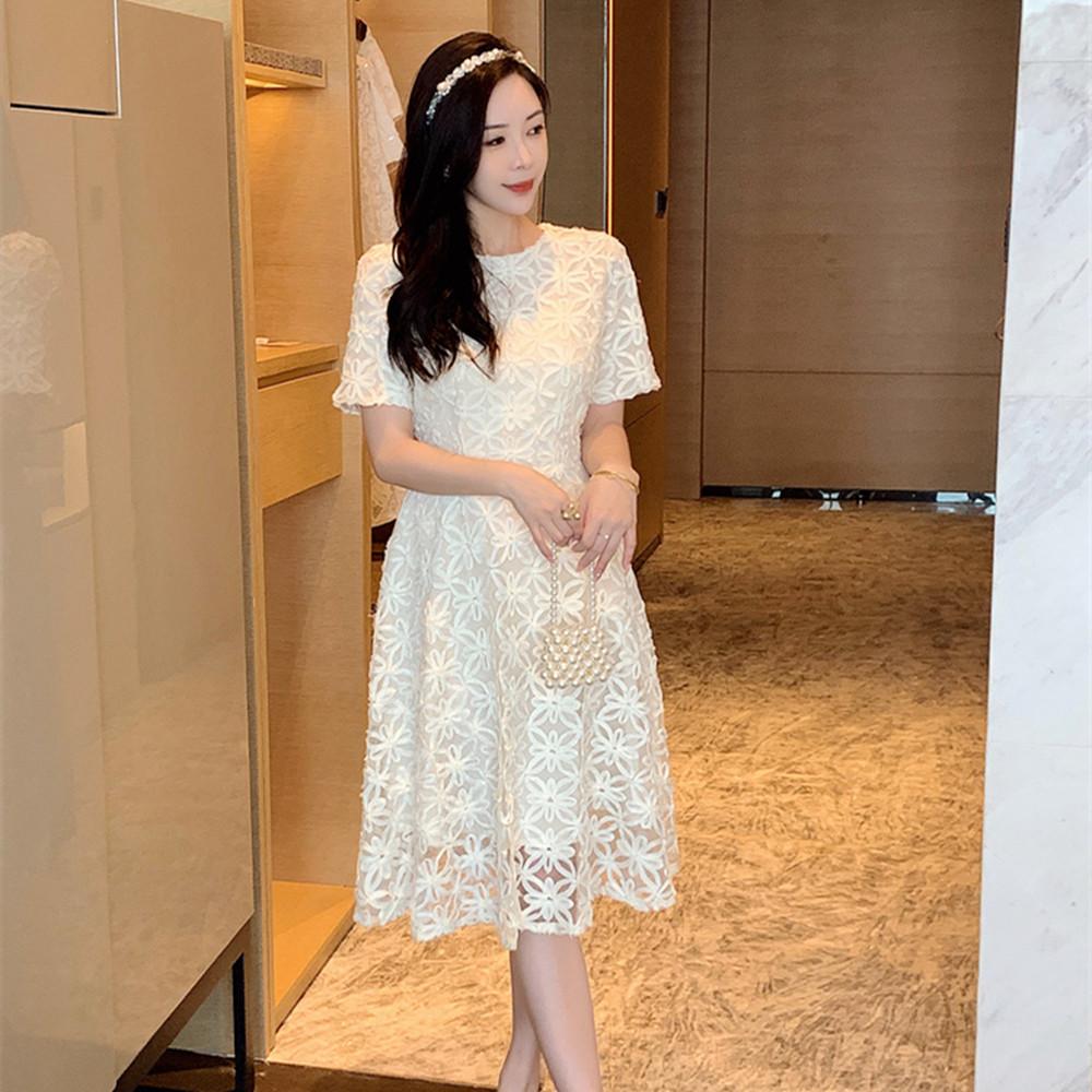 Elegant Mesh Embroidery Flower Summer Dress for Women 2024 New Casual Round Neck Lace-up Slim Short Dress Women Clothing