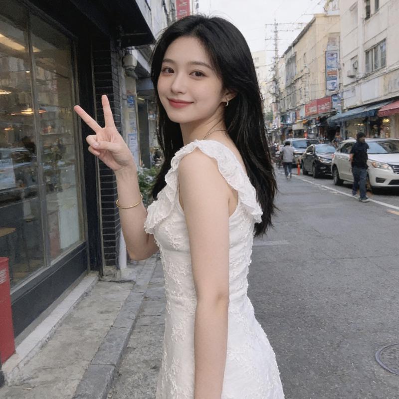 Women's Summer Lace Ruffle Dress - French Retro Style with Waist-Cinching Slim Fit