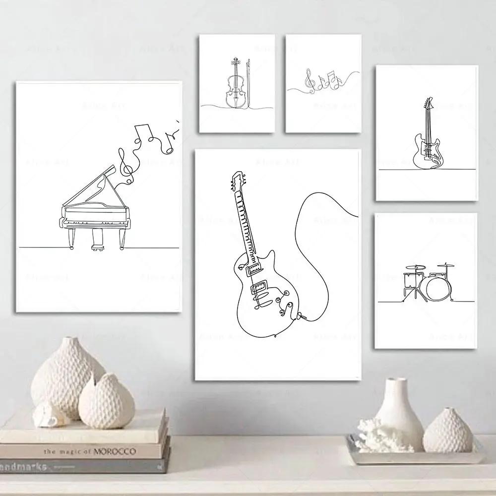 Draw Wall Art Canvas Poster Music Print Nordic Piano Guitar Saxophone Line Abstract Minimalist Painting Picture Living Room Deco