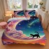 3-teiliges Anime-Katzen-Mond-Galaxie-Bettwäscheset - Enthält eine Bettdecke und zwei Kissenbezüge (Kein Kern) - Polyesterstoff, Fantasie-Design für Bettwäsche