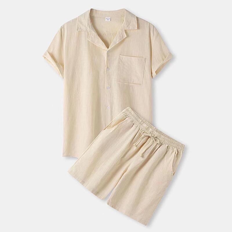 Summer Mens Solid Color Sets Fashion Lapel Short Sleeve Shirt Shorts Set Man Casual Daily Wear Street Breathable Lightweight Two Piece Outfit