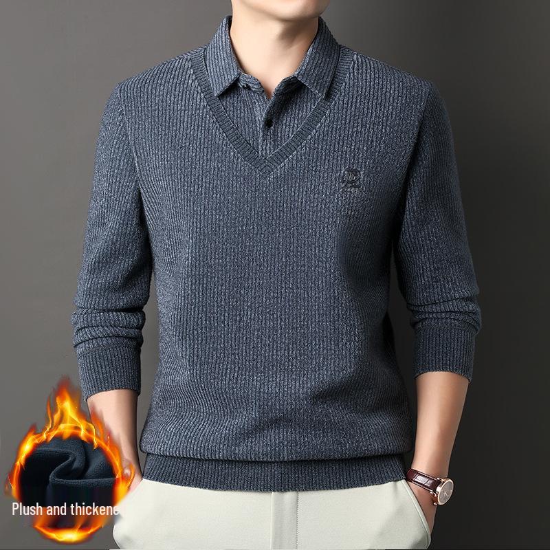 Men's 2025 Winter Knit Sweater with Shirt Collar - Plus Velvet, Thick, Warm, Long Sleeve, Fake Two-Piece Design for Middle-Aged