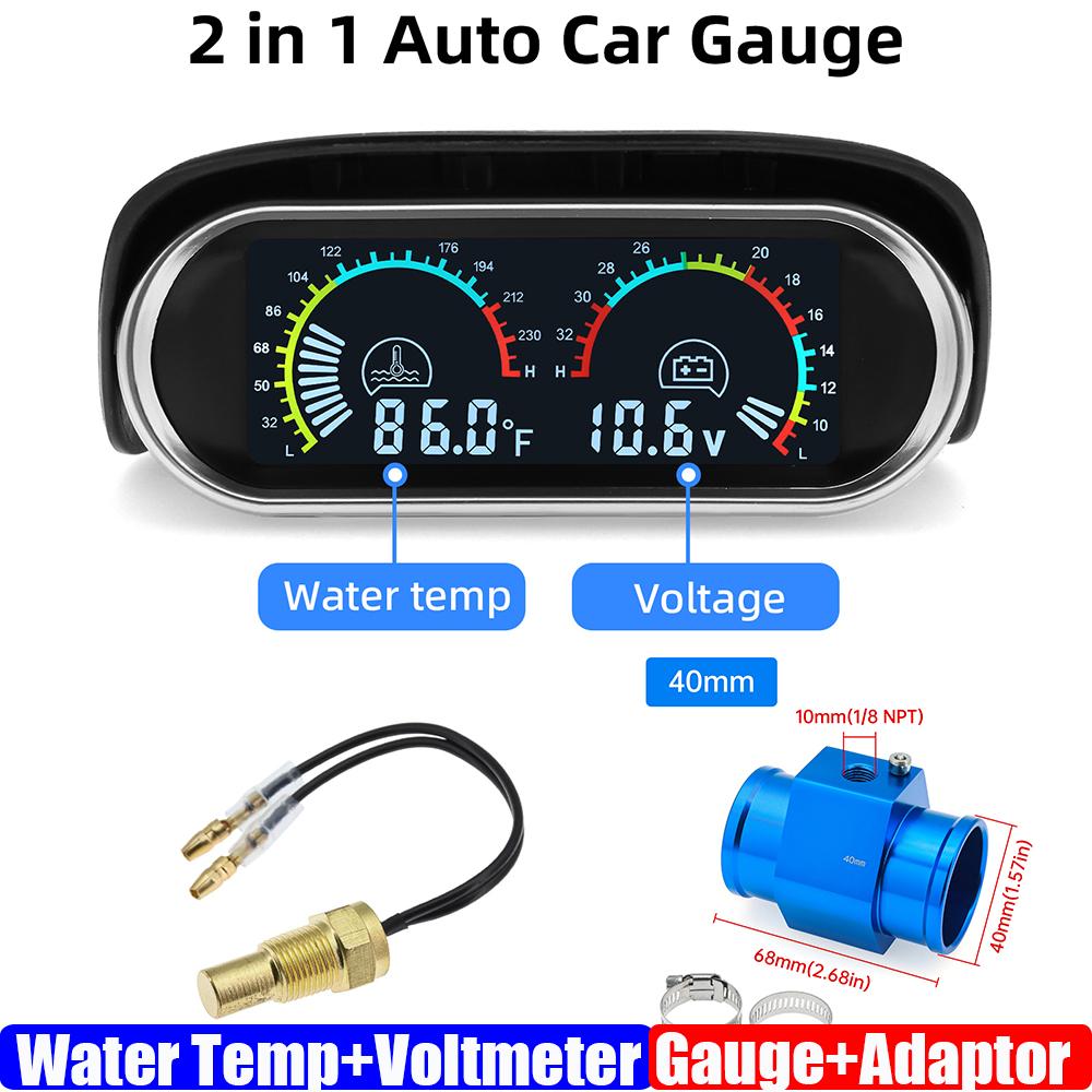 Dual Gauge 2 IN 1 LCD Meter Water Temperature Gauge+VOLTS with Sensor Water Temp Joint Pipe Sensor 26MM 40MM Hose Adapter 12V24V