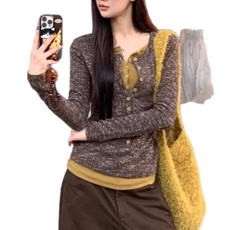 Fake Two-piece T-shirt for Women New Spring and Autumn Style Inner Knitted Sweater Slim Brown Top