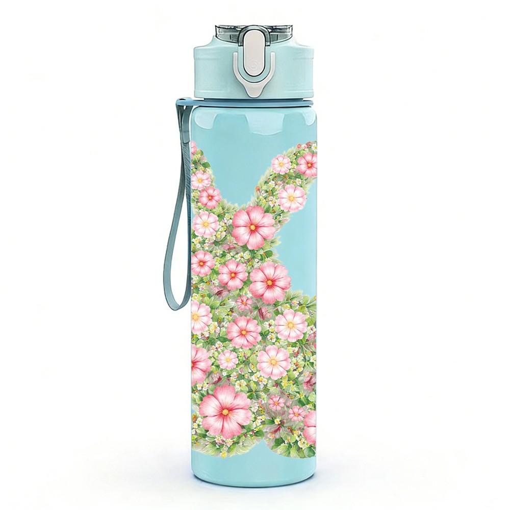 1PC Floral Print Bunny Easter Animal Art 750ml Color Plastic Sports Water Bottle Leakproof Flip Straw Lid Suitable for Sports Office Home Use