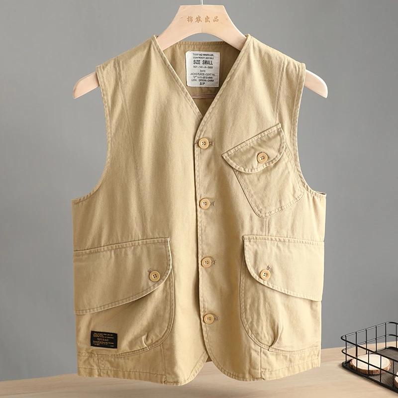 Pánská vícekapsová vintage pracovní vesta jednobarevná ležérní bunda