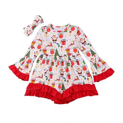 Red Santa Deer Print, 6-7 Years Christmas Apparel Baby Girls Long Sleeve Ruffle Sleeve Party Tutu Dress Headband Outfits