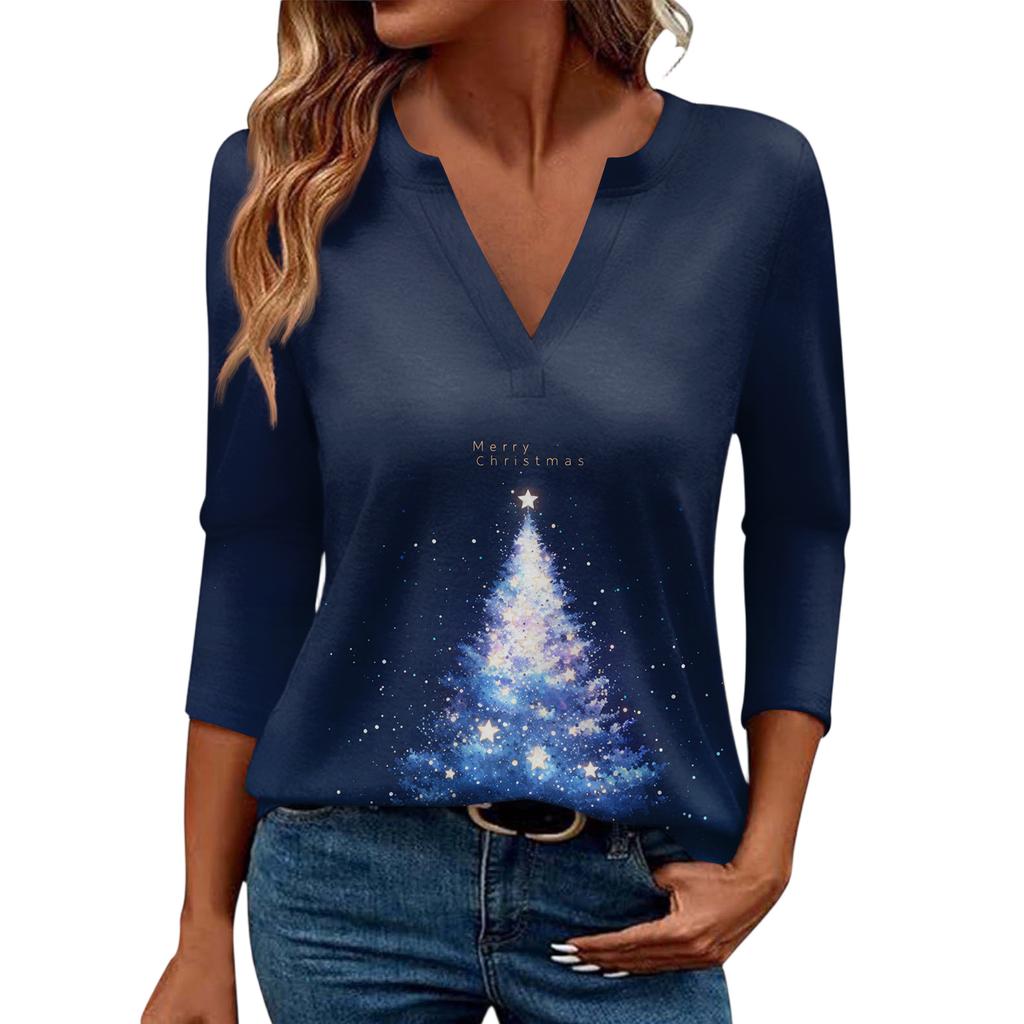 Women's Casual Fashionable Sexy Comfortable V-Neck Christmas Three-Quarter Sleeve Top