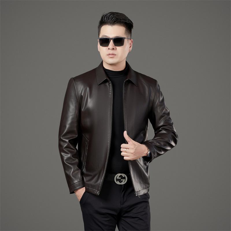New Autumn and Winter Genuine Leather Jackets for Middle-aged Men and Dads Leather Jackets Business Lapel Plus Velvet Leather Jackets