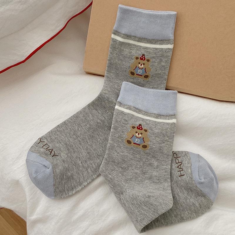 Female Autumn New Striped Polka Dot Collocation Cartoon Bear Academy Wind Tube Stack Socks
