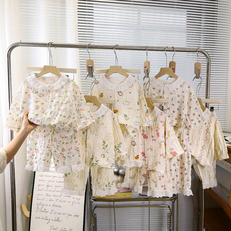 Summer Floral Lace Cotton Pajama Set for Girls: Nine-Sleeve Korean Style Air Conditioning Homewear