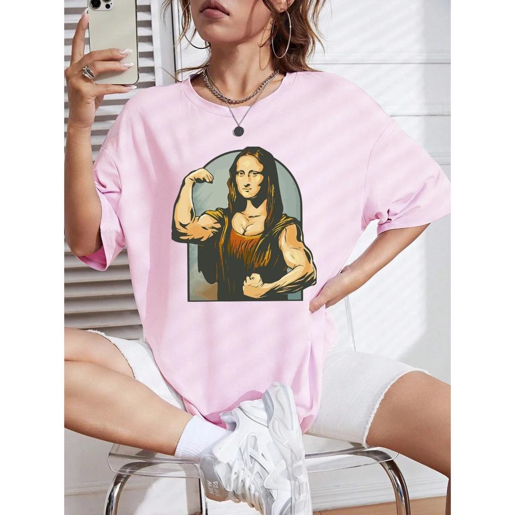 Playing Pranks on Mona Lisa Fitness Print Womens T Shirt Casual T-Shirt Casual Short Sleeve Loose Tshirt