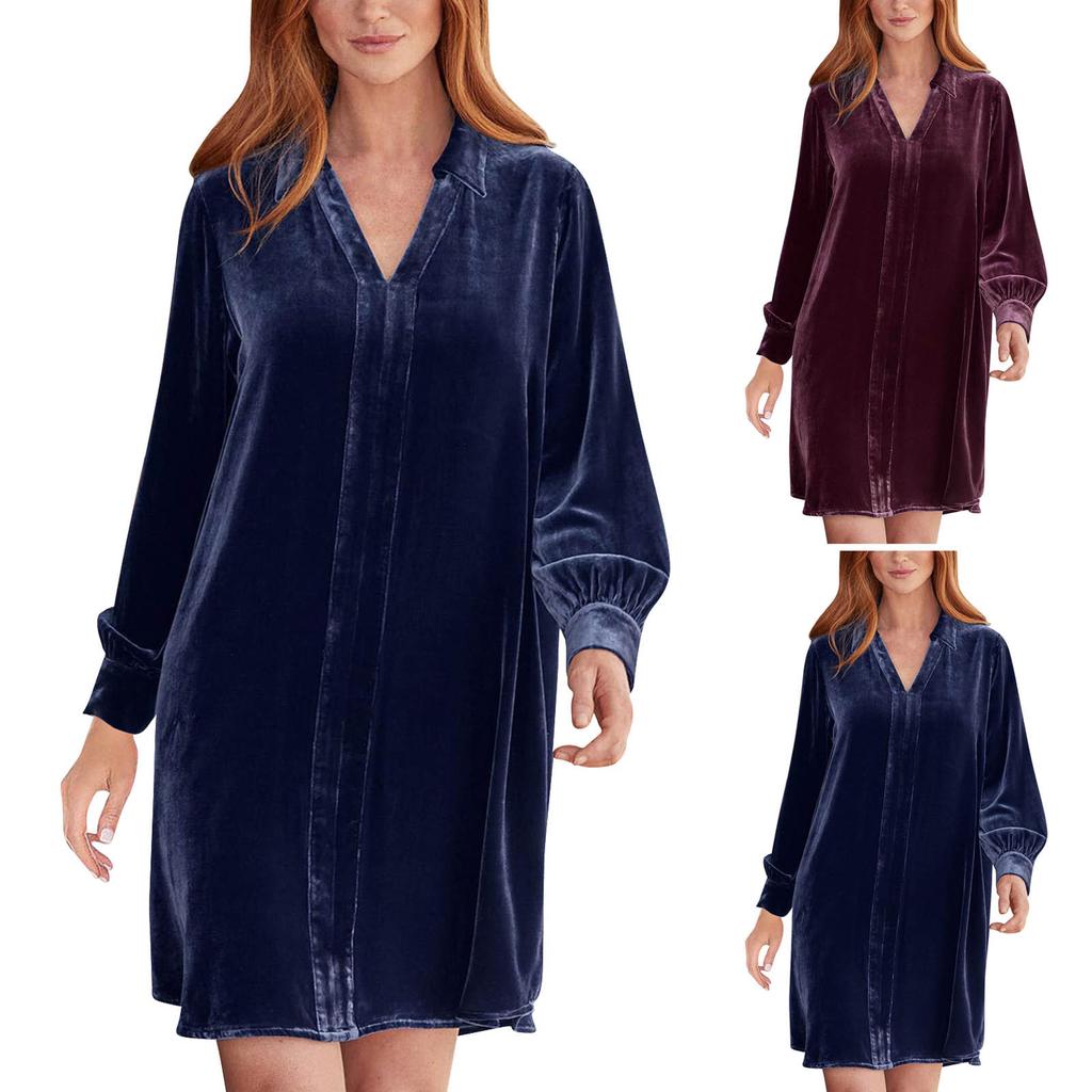 Women's Fashion Colour Casual Long Sleeve V-Neck Patchwork Gold Velvet Dress