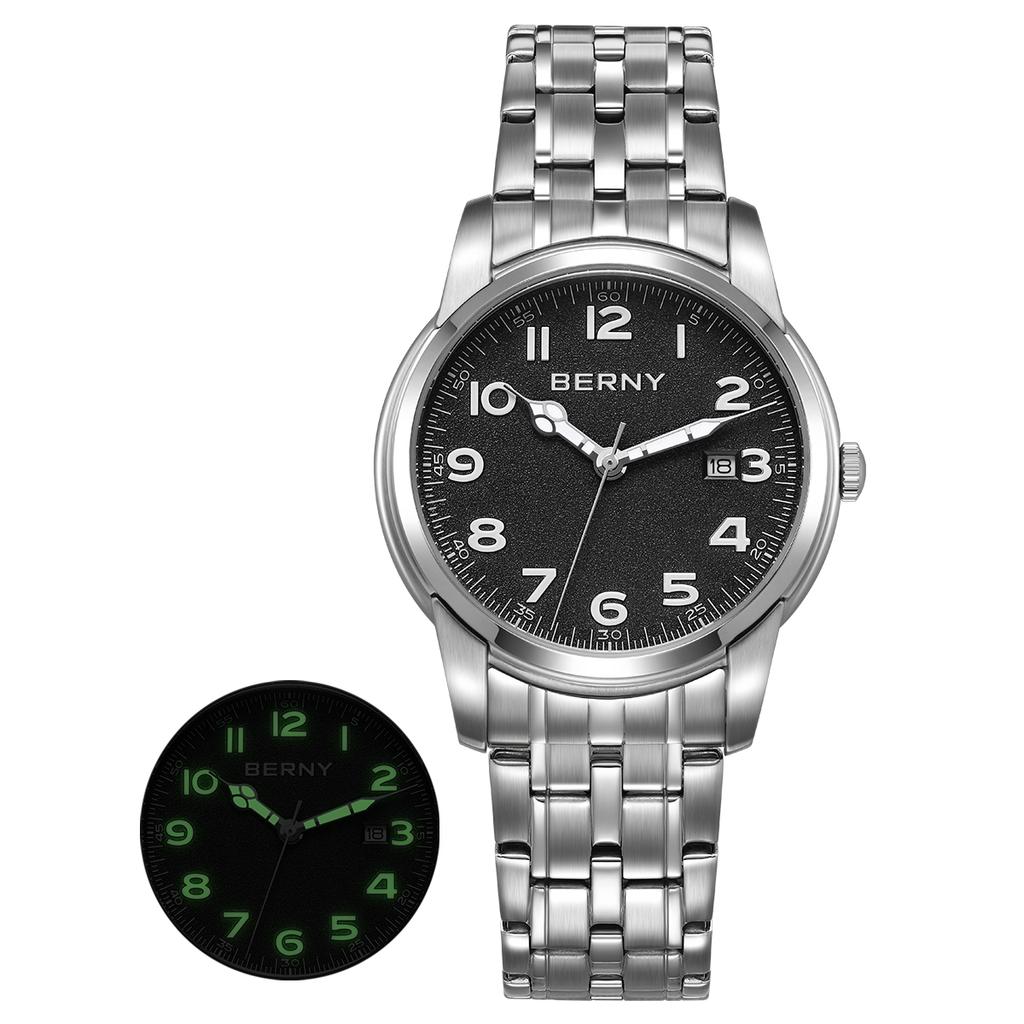 AUQ1 BERNY Watches for Men Calendar Date Luminous Quartz Watch S/S Fashion Classic Sports Easy Read Outdoor Men's Wristwatch
