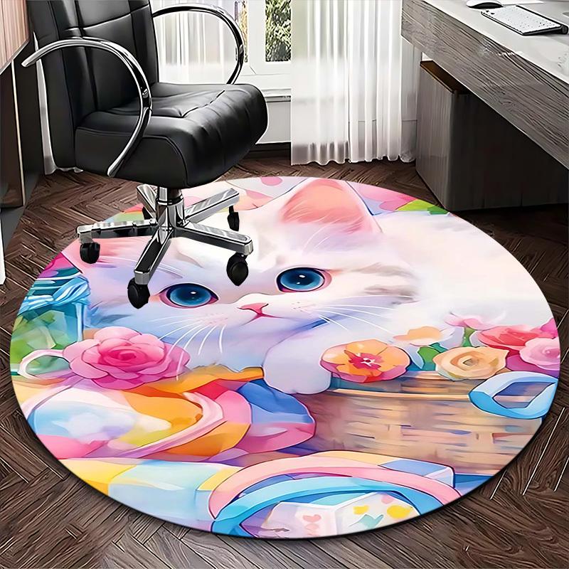 1pc Anime Design Round Carpet Cute Cat with Flowers Chair Mat for Office Home Decor, All Seasons