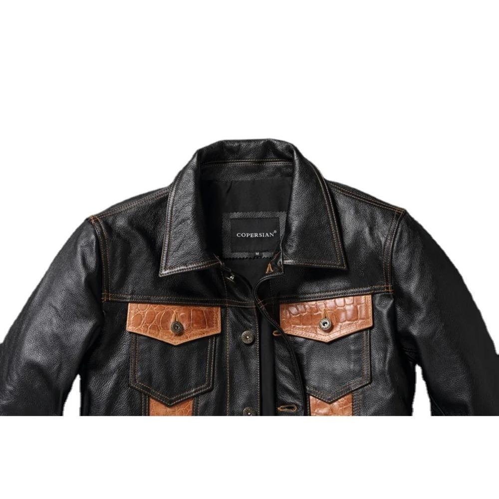 Chinese Size Cow Leather Patchwork Contrasting Lapel Leather Jacket for Men Casual Jacket Leather Coats Genuine Cowhide Leather Jacket Men