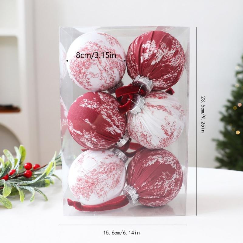 Indoor Christmas Trim Set of 6 with Fabric Finish and Ribbon Detail for Tree Use, Entry Tables, and Room Styling