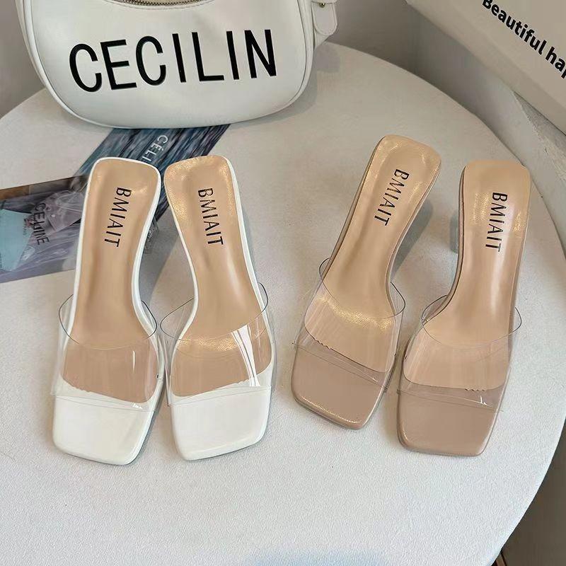 High heels slippers transparent crystal heels high heels square head lightweight high heels sandals women wear high heels cool slippers in summer
