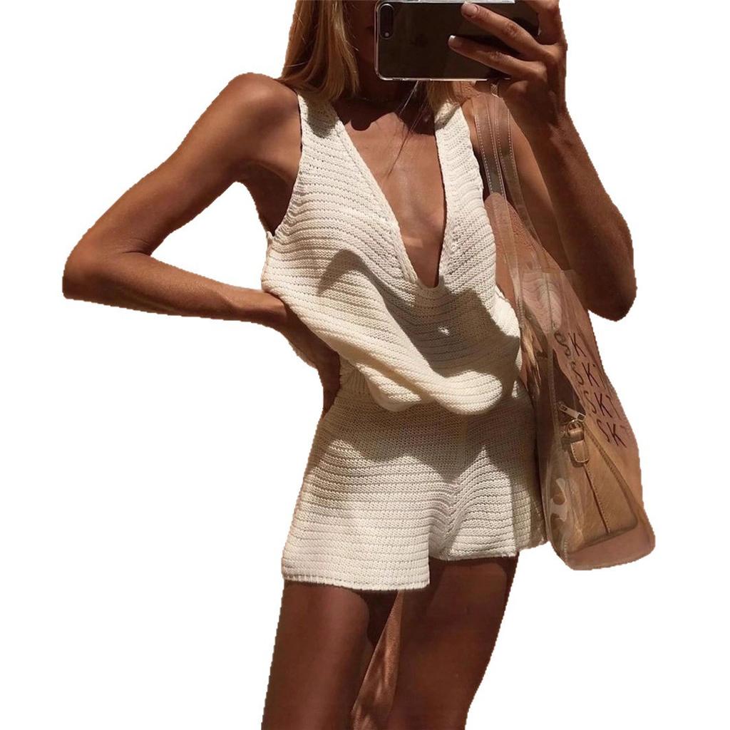 White Knit Sleeveless Deep V-Neck Vest and Shorts Set