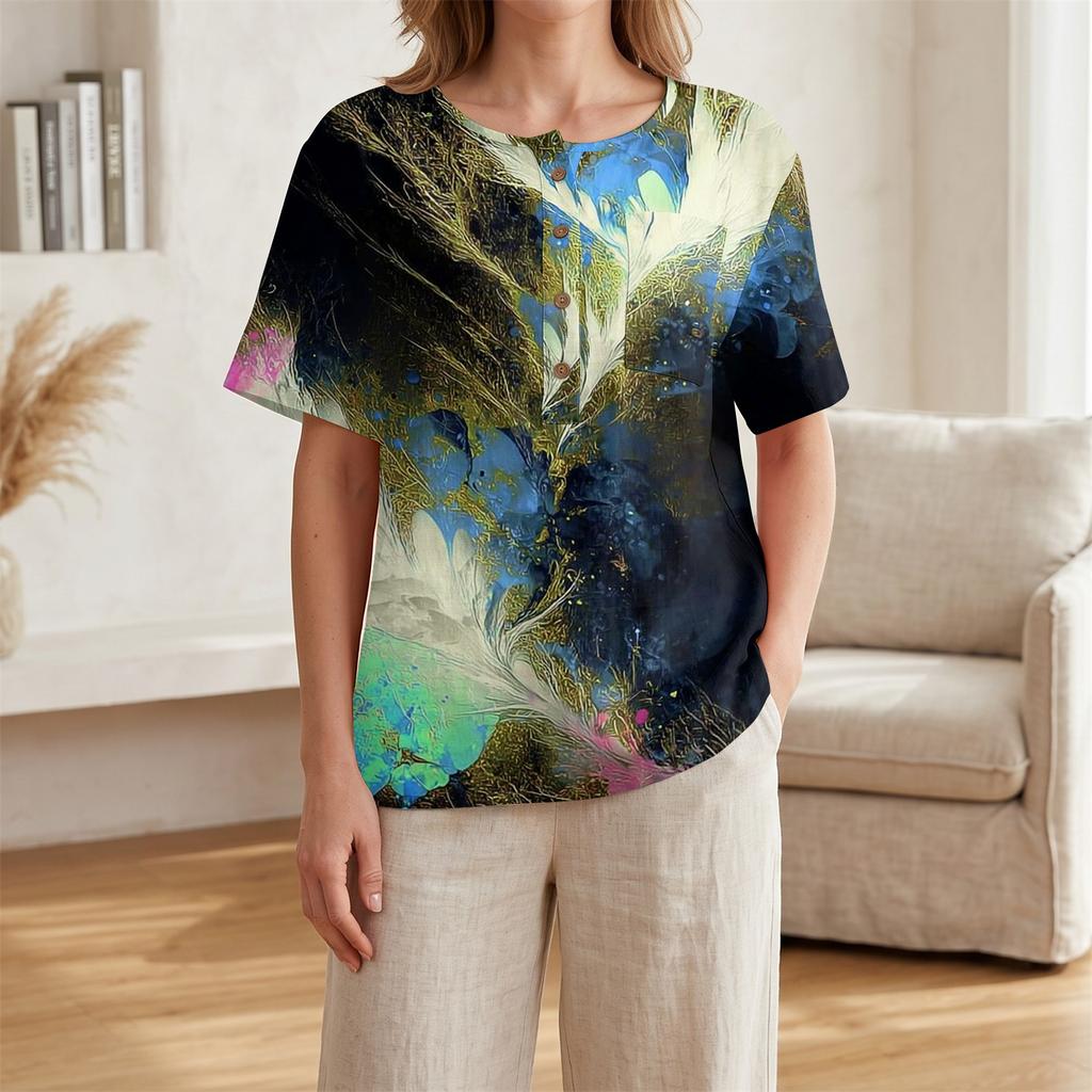 Women's Short Sleeve Linen Cotton Blend Shirt Henley Neck Button Front Pocket Casual Summer Top with Artistic Abstract Print