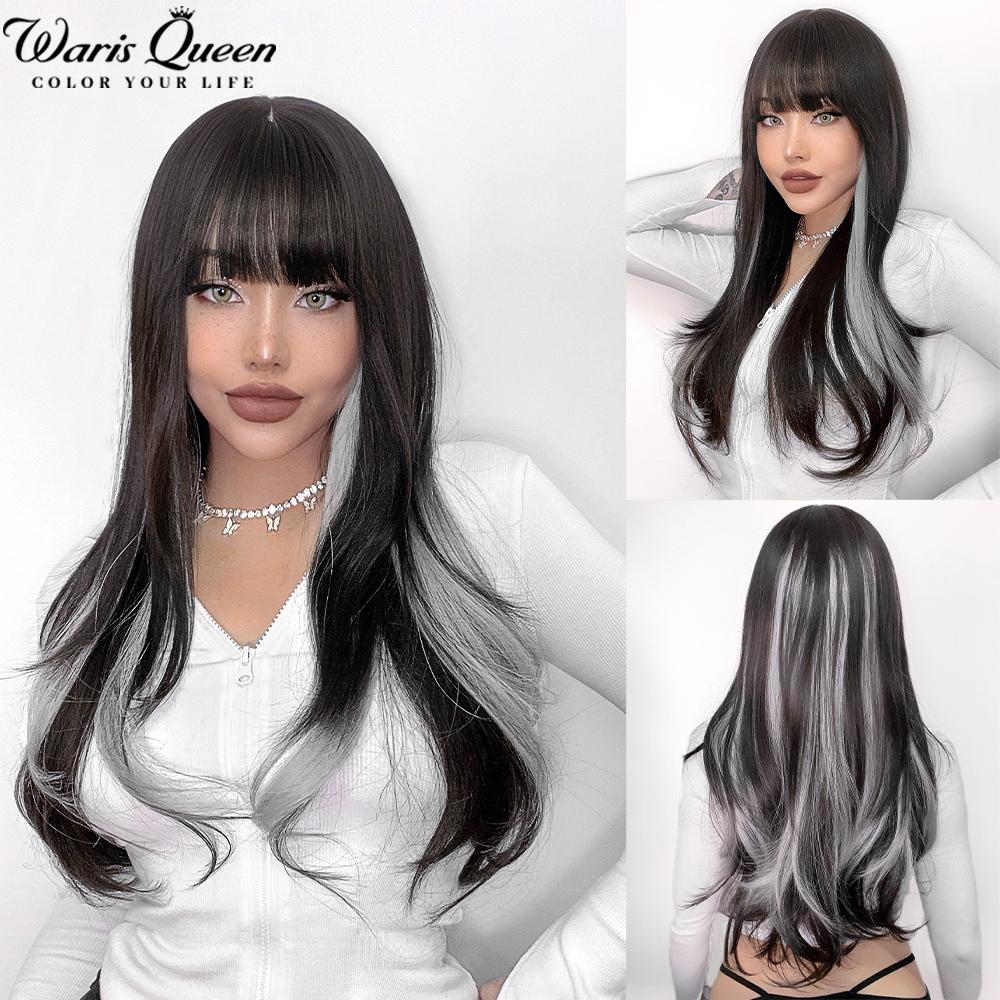 Long Wavy Black And Pink Synthetic Wig for Women With Bangs Natural Heat Resistant Part Cosplay Party Lolita Daily  Hair Wigs