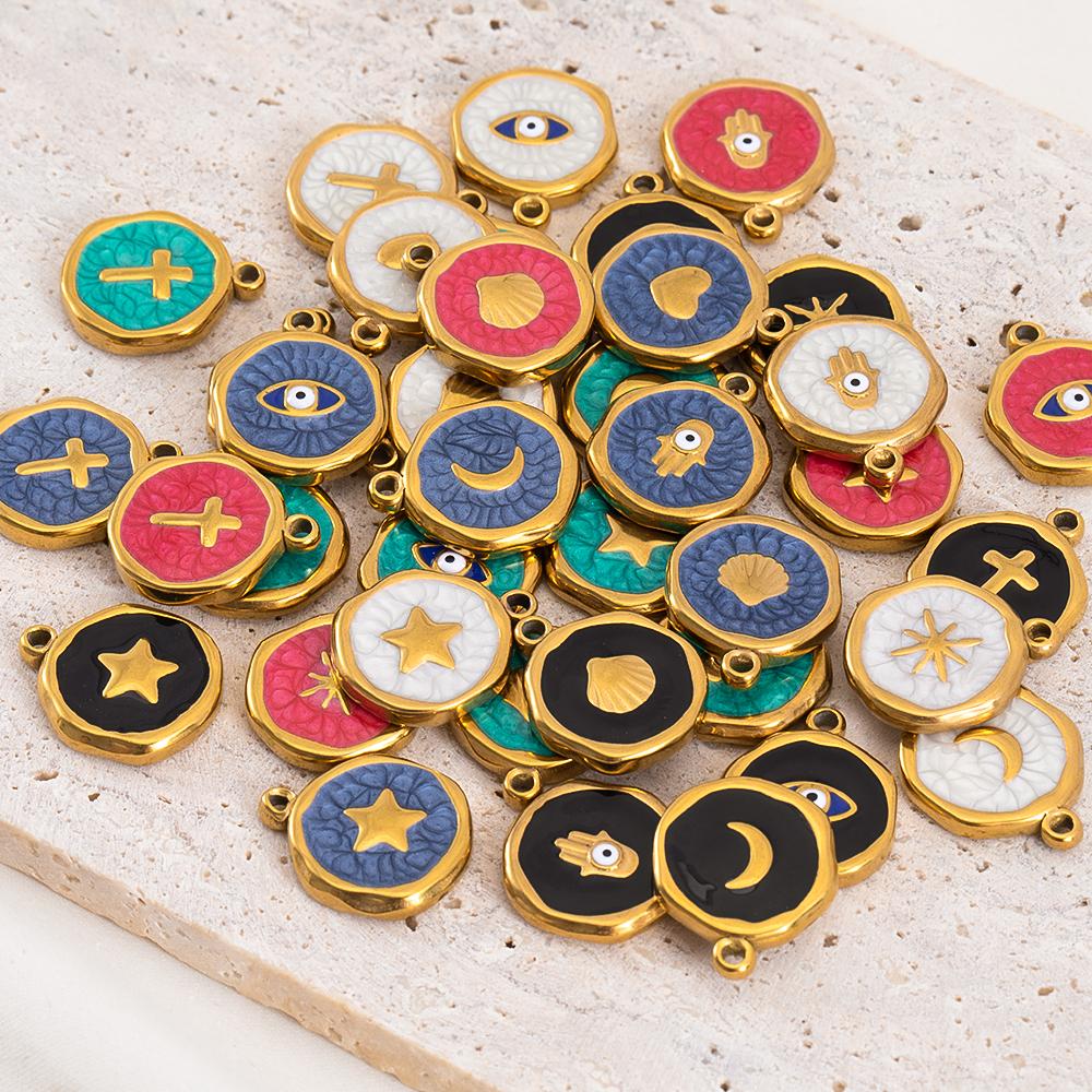 4-8pcs Stainless Steel Enamel Star Heart Eye Shell Sun Round Random Charm Base Anklet Pendant DIY Earring Necklace Jewelry Makin