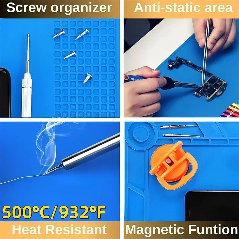 Magnetic Mat Silicone Repair Mat Circuit Board Soldering Pad Heat Resistant 932°F Anti-Static for ESD Iron Phone Repair
