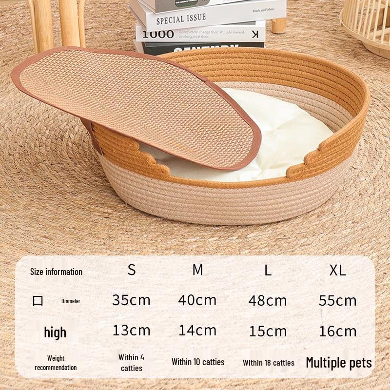 Coarse Linen Rattan Cat Nest: Four Seasons Pet Bed & Summer Sleeping Mat