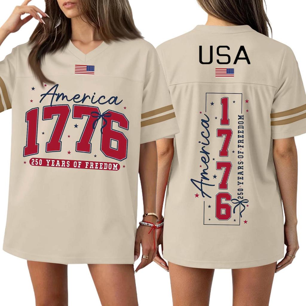 Women's Casual Fashion V-Neck Sports Independence Day Print Short Sleeve Sports T-Shirt Top