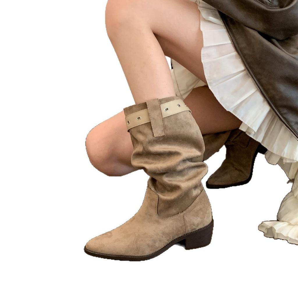 "American Lazy" Vintage Pleated Pile Boots Women's Autumn and Winter Pointed Western Cowboy Boots Coarse Heel Medium Knight Boots