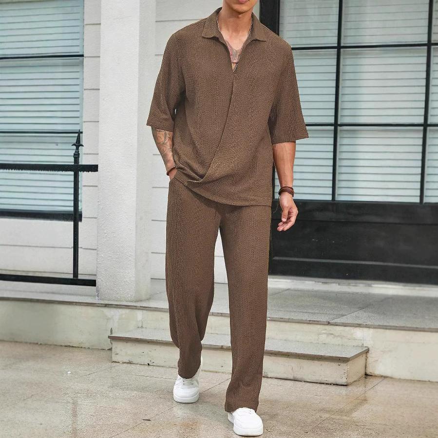 Spring Commuter Men's Casual Shirt Solid Color Half Sleeve Trousers Two-piece Suit
