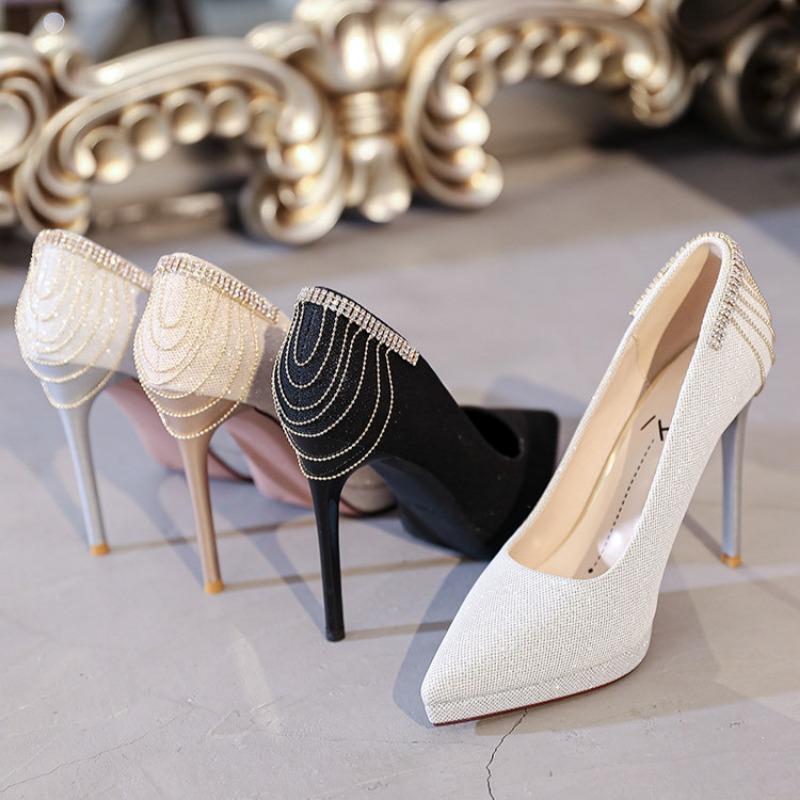Fashion Women's Slim Heel Shoes Spring New Pointy Shallow Mouth Glitter Metal Chain Thick Soles Anti-slip Wear-resistant High Heels