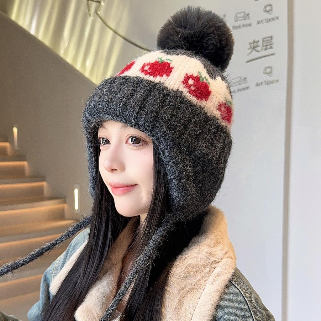 Retro ski wool hat women's autumn and winter northeast thickened warm ear protection hat hairball knitted hat winter pullover hat