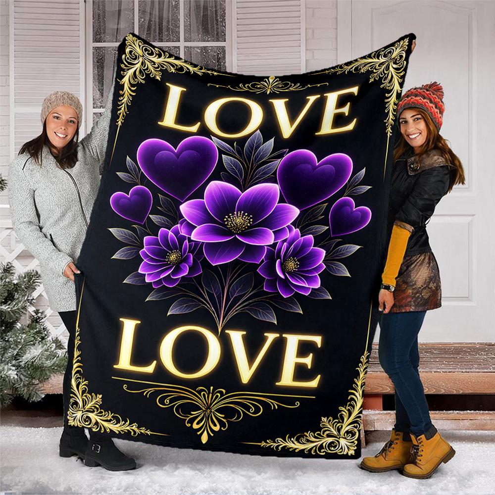 1pc Purple Flowers Love Throw Blanket Polyester Fiber, Lightweight Flannel, Soft & Warm, All Season Use for Outdoor, Camping