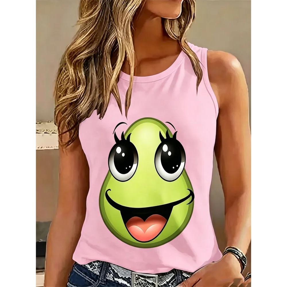 Women's Round Neck Fun Print Sleeveless Vest Summer Fashionable Comfortable Loose  Versatile Sports Leisure Vest