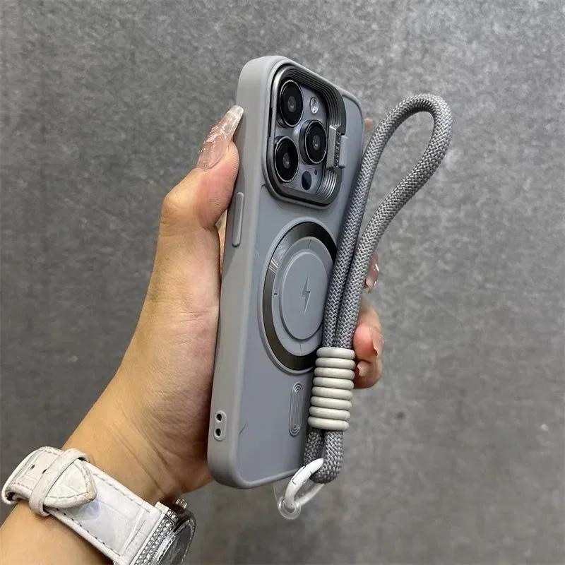 Flip Up Lens Holder Magnetic Case for For Iphone 16 1 14 13 12 11 Pro Max 17 Plus Nylon Wristband Lanyard Soft Cover