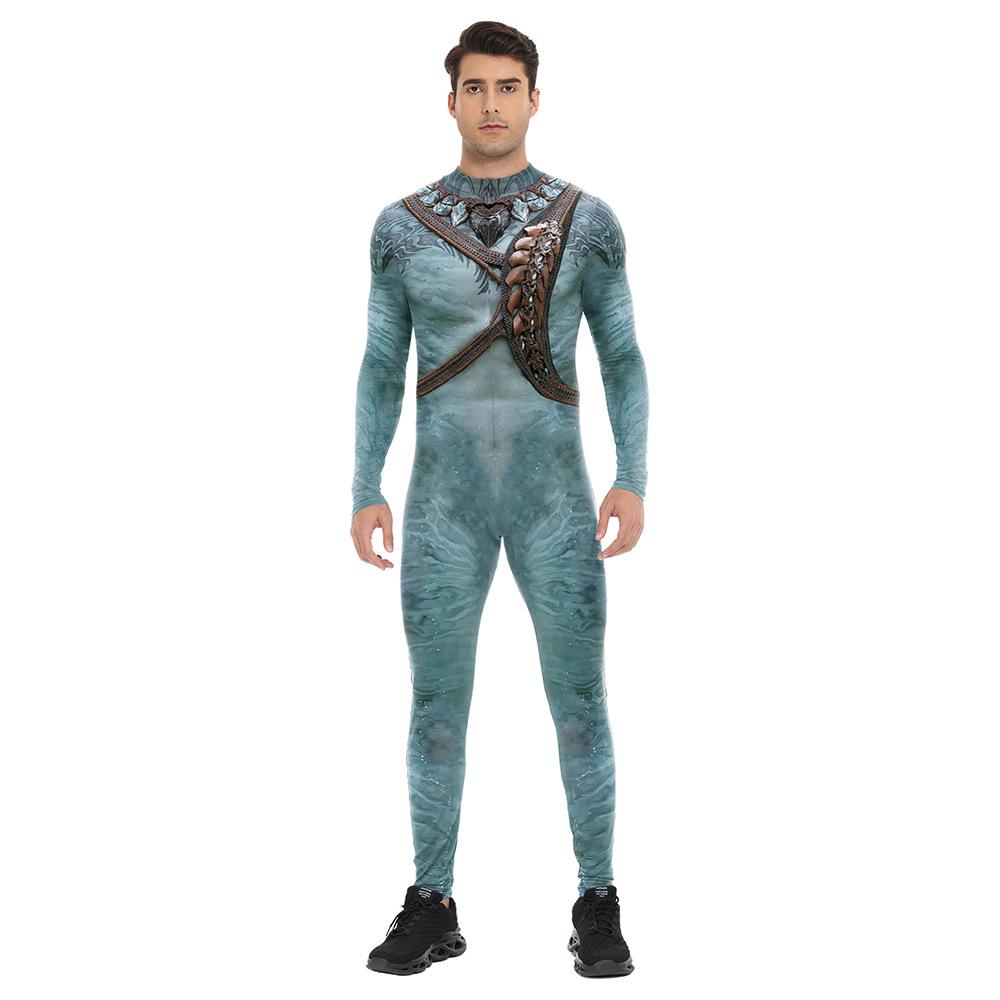 Adult Men Water Elf Monster Movie Role Playing Jumpsuit Onesie Halloween Digital Print Leggings Suit Tights for Party Costume