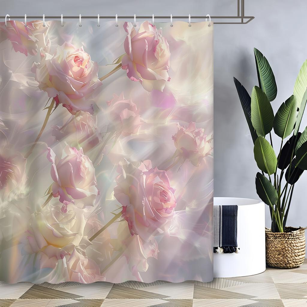 Pink Fantasy Rose Flower Smoke Print Shower Curtain - Includes 12 Hooks, Bathroom Decor, Artistic Home Accessory