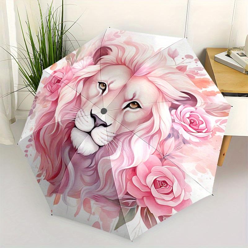 

1pc Pink Lion Pattern Umbrella, Fashionable, High-Value Folding Umbrella, a Must-Have for Summer, 8-Rib Durable Iron Frame, Tri-Fold Compact Design, S