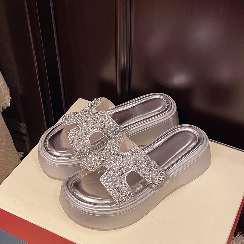 Women's Summer 2025 Silver Rhinestone One-Strap Thick-Soled Height-Increasing Cool Sandals with Medium Heel