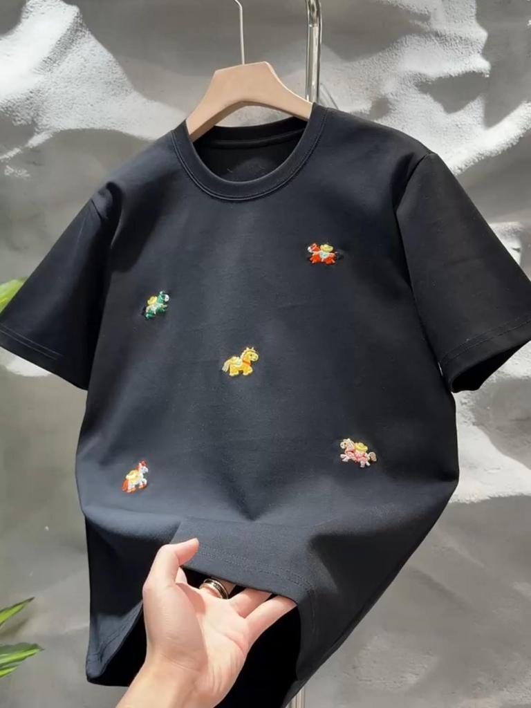 Plus Size Cartoon Embroidered Cool Cotton Summer T-Shirt (21s, Age-Reducing, Versatile, Casual)